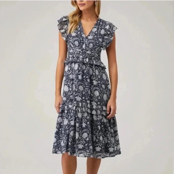 Cleobella Cherie Midi Dress Blue White Floral Block Print Boho Organic Cotton Sm - Picture 1 of 12